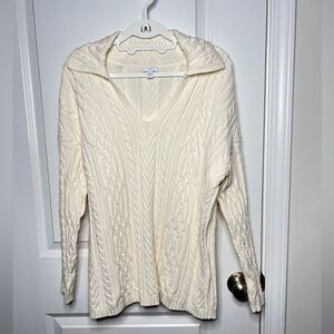 J Jill Womens Sweater Sz M petite Cable Knit V Neck Collar Long Sleeve Ivory‎
